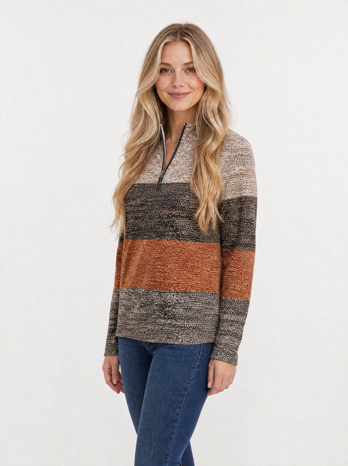 Women's Brown printed quarter zip jumper, side view