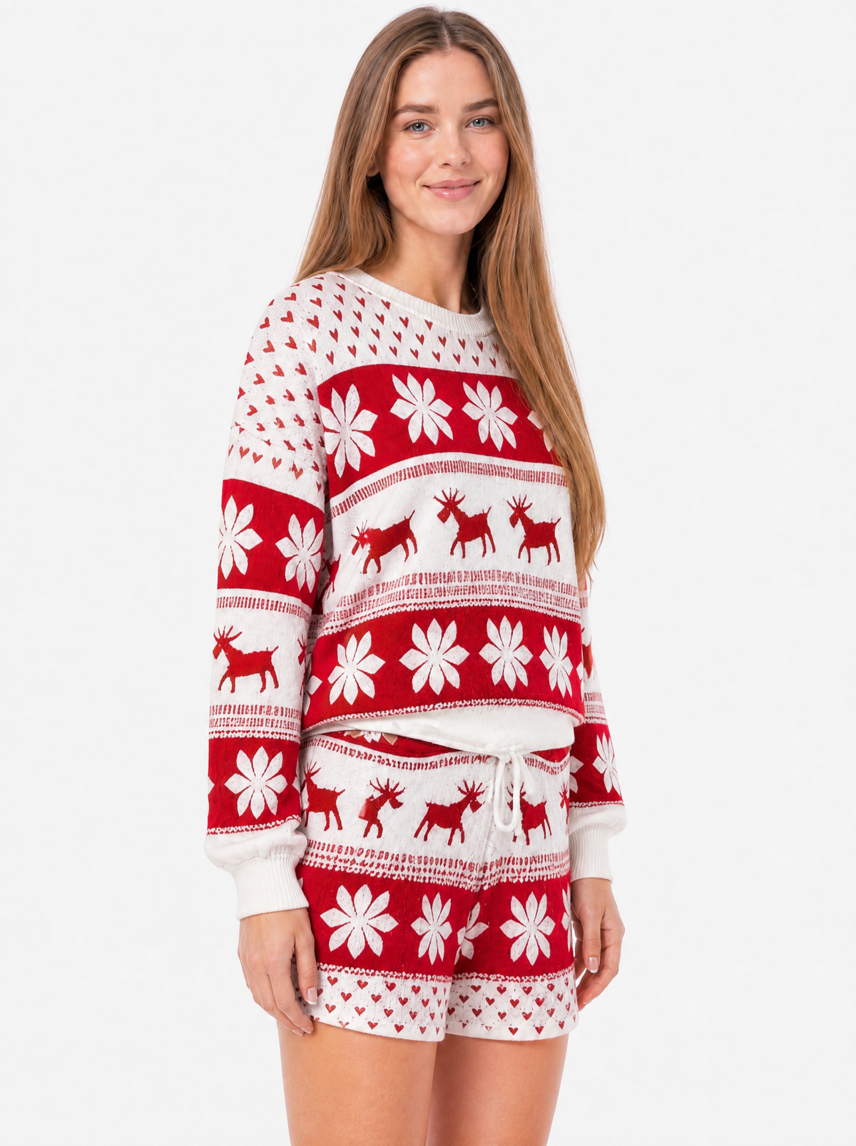 Women's Red and White snowflake christmas pyjama set, side view