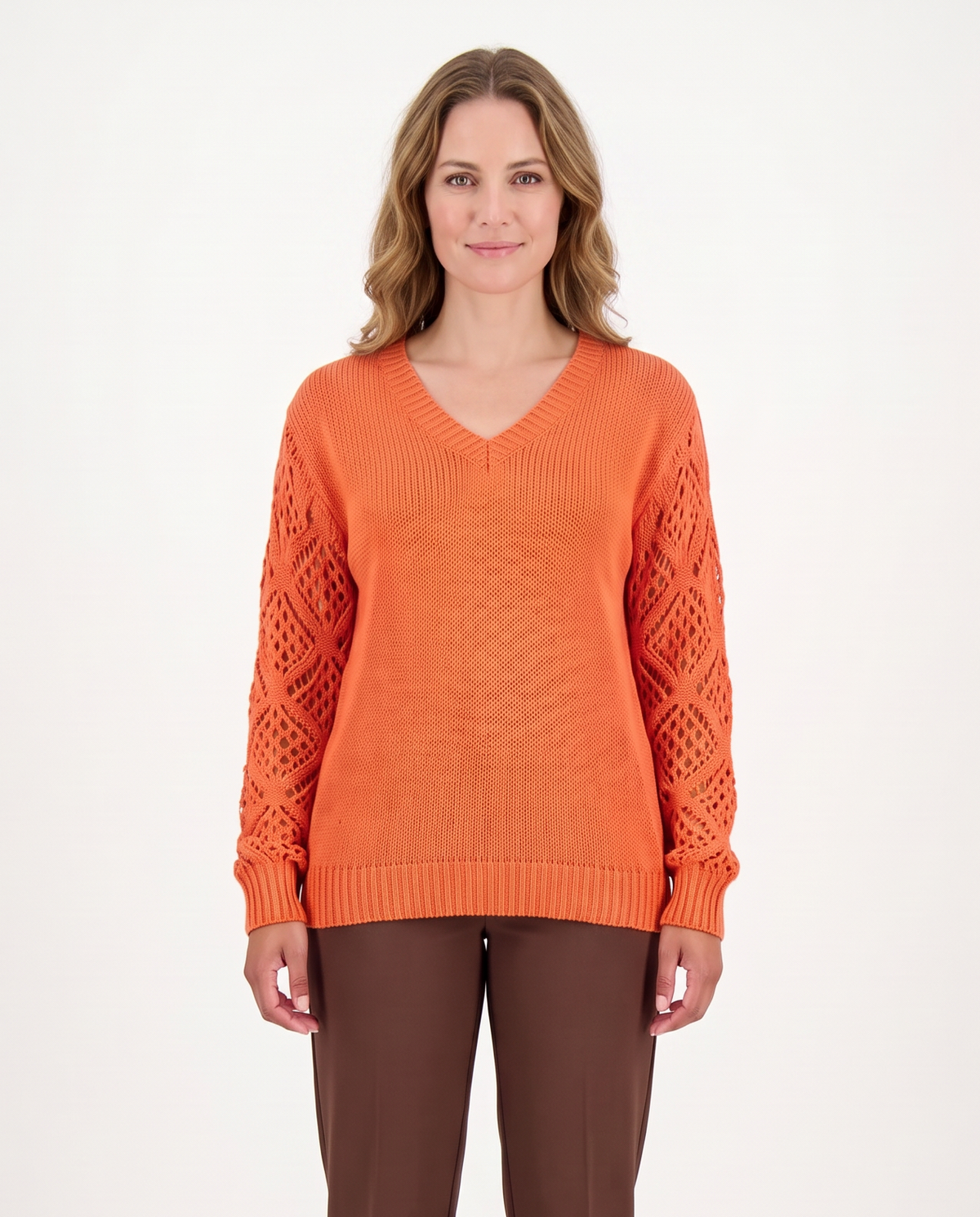 Women's Knitted V-Neck Jumper Open Sleeve Detail Pullover in Orange – front view