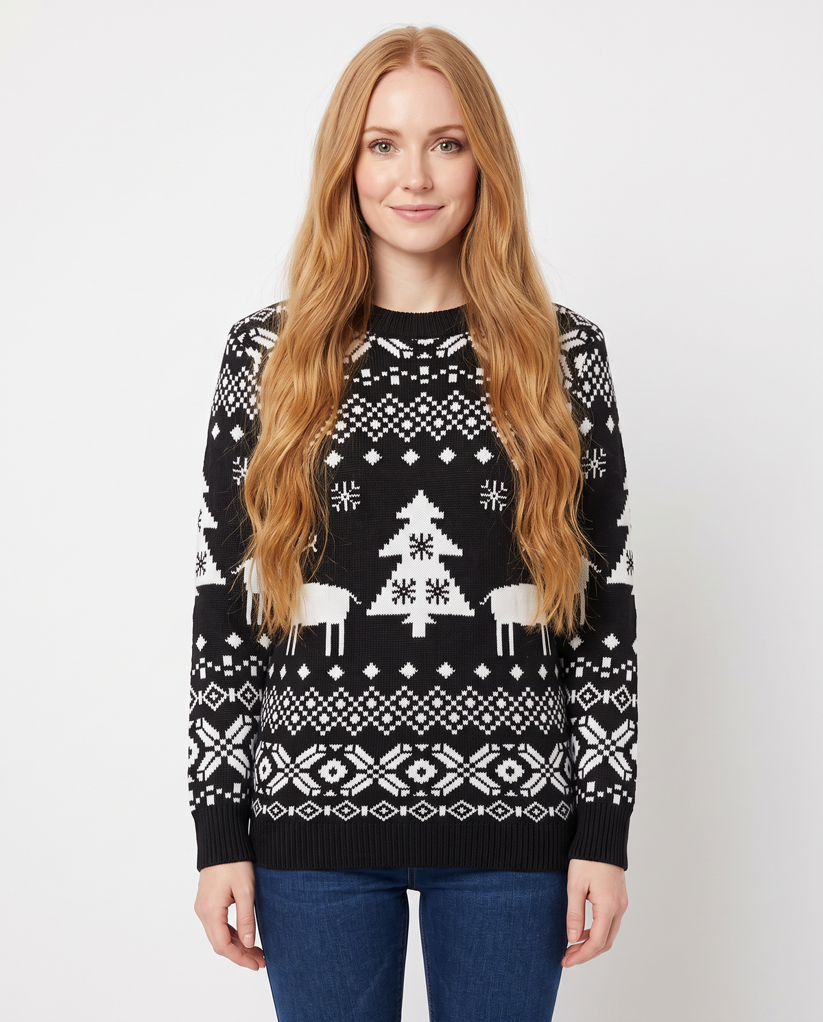 Women's black reindeer fair isle Christmas jumper, front view