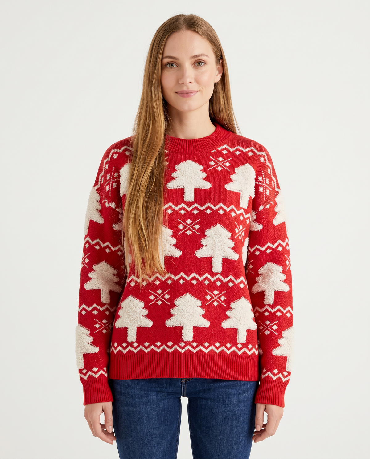 Women's red Christmas tree knit jumper, front view