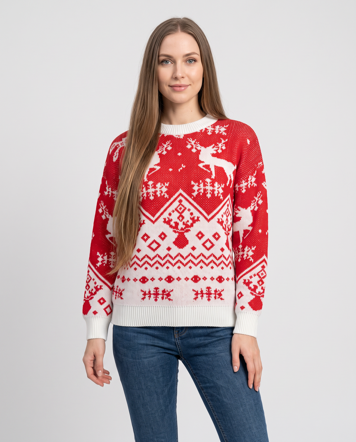 Women's red fair isle Christmas jumper, front view