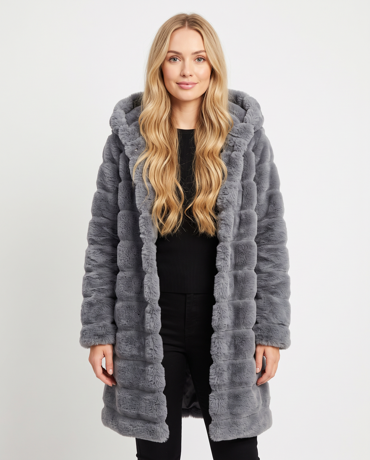 Women's grey hooded shaggy faux fur coat, front view