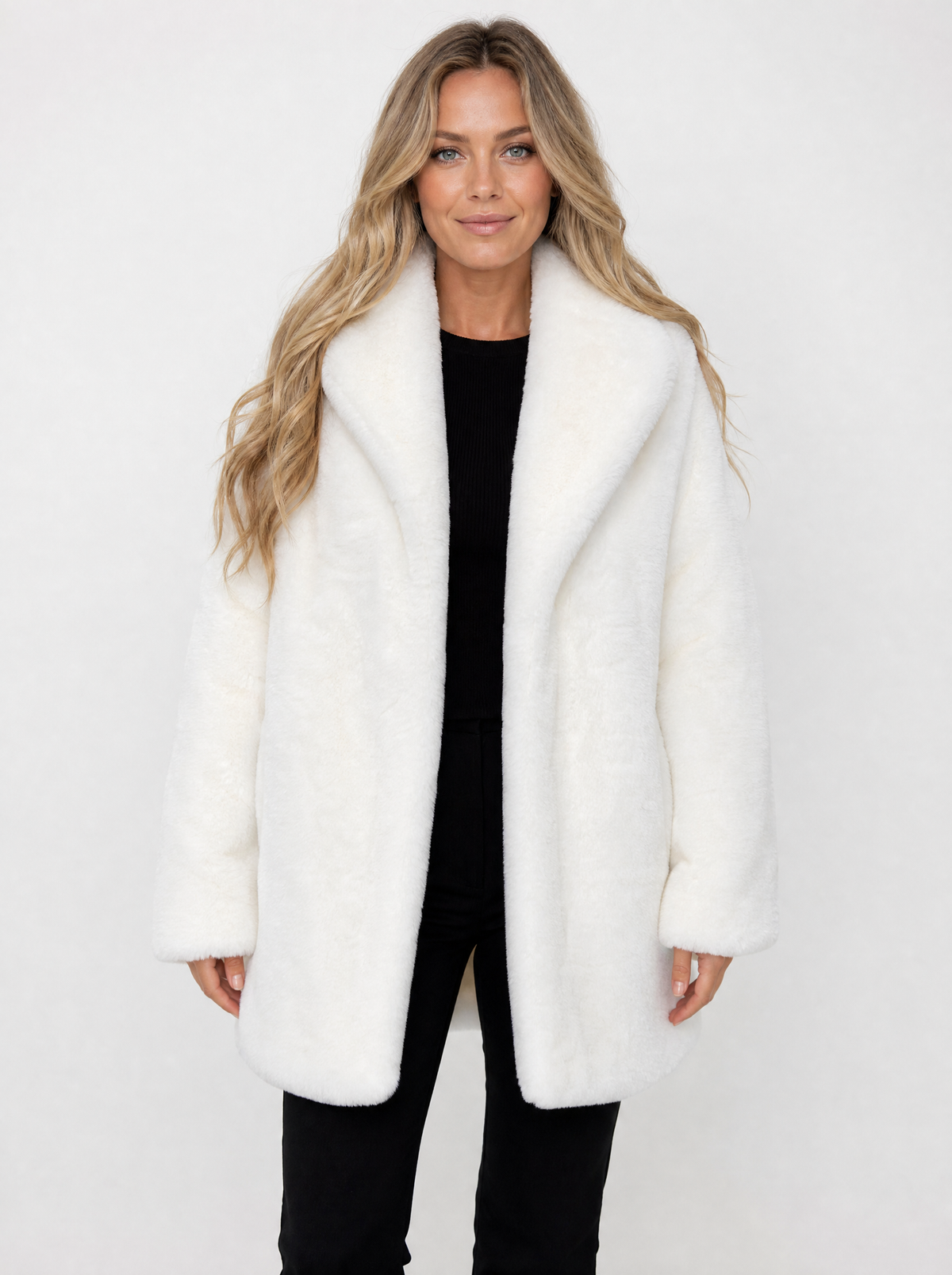 Women's white long faux fur coat, front view