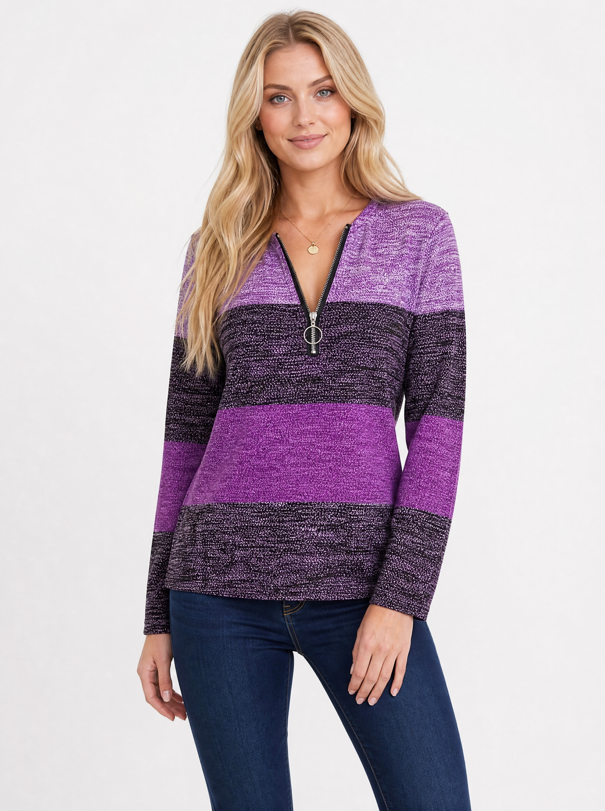 Women's Purple colour block quarter zip top, front view