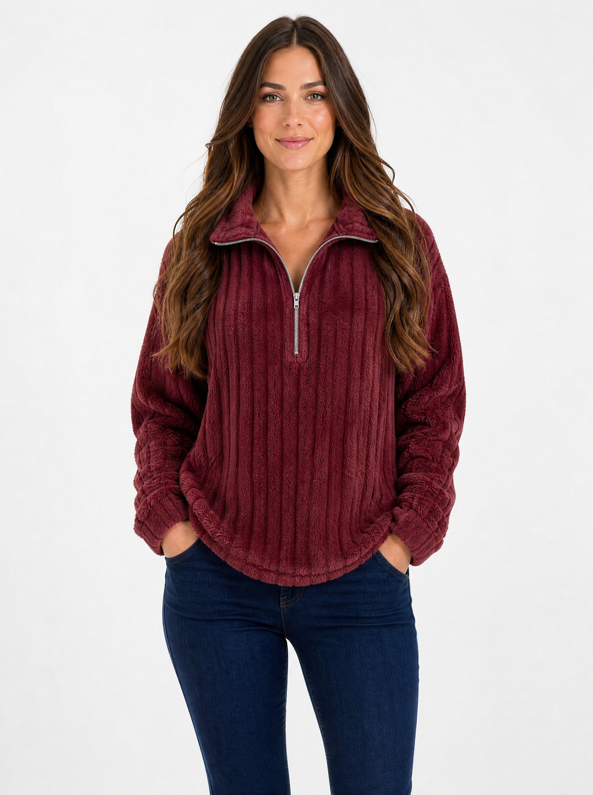 Women's Red cosy ribbed quarter zip jumper, front view