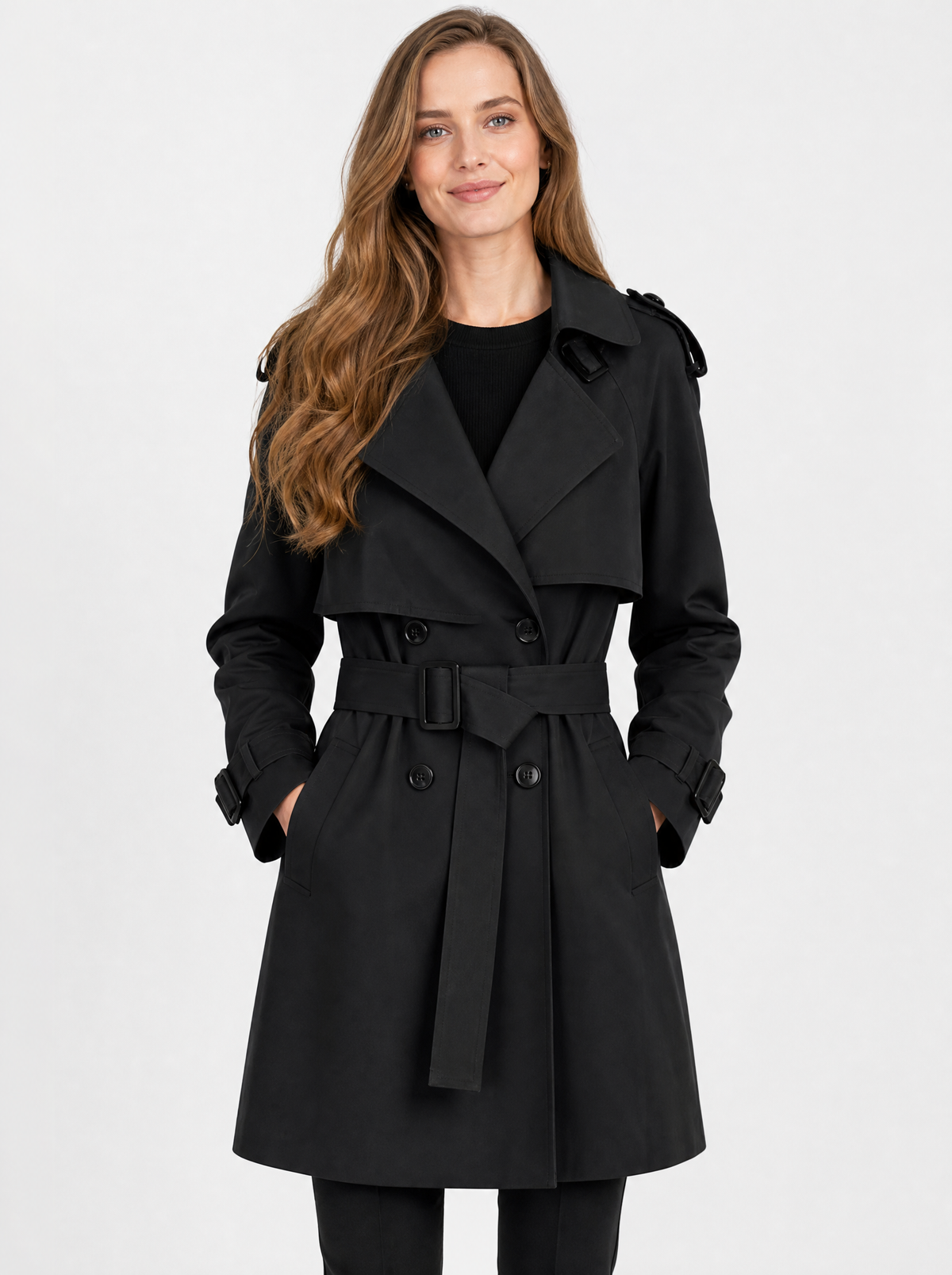 Women's Black double breasted mid-length trench coat, front view