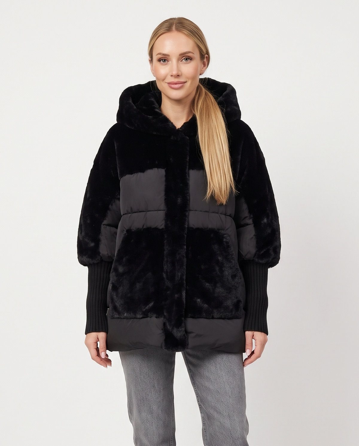Women's Faux Fur Panel Puffer Jacket in Black – front view