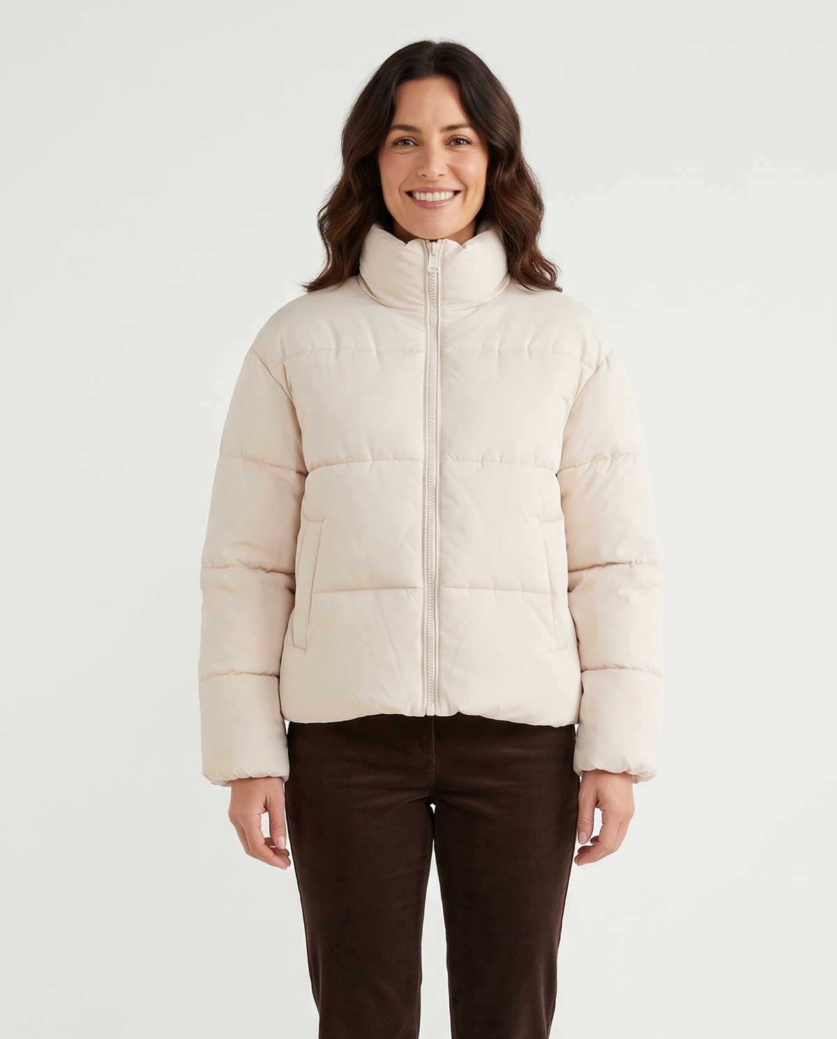 Women's High-Collar Puffer Jacket in Beige – front view
