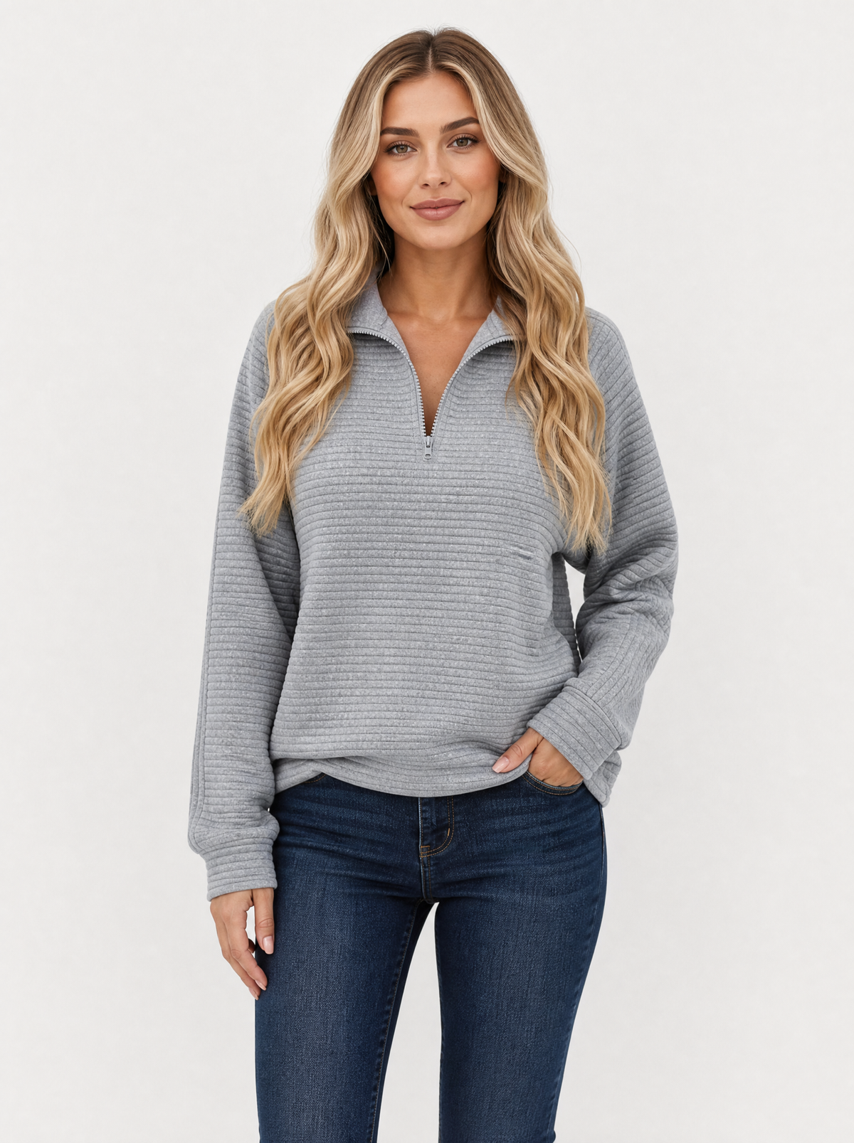 Women's Grey ribbed quarter zip jumper, front view