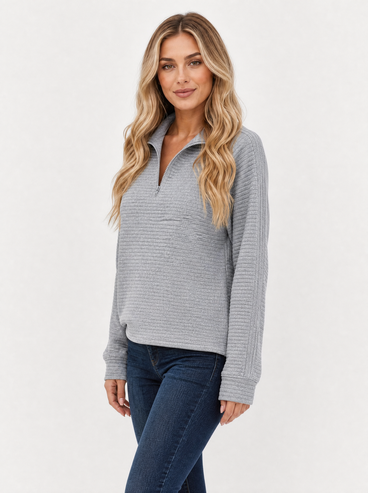 Women's Grey ribbed quarter zip jumper, side view
