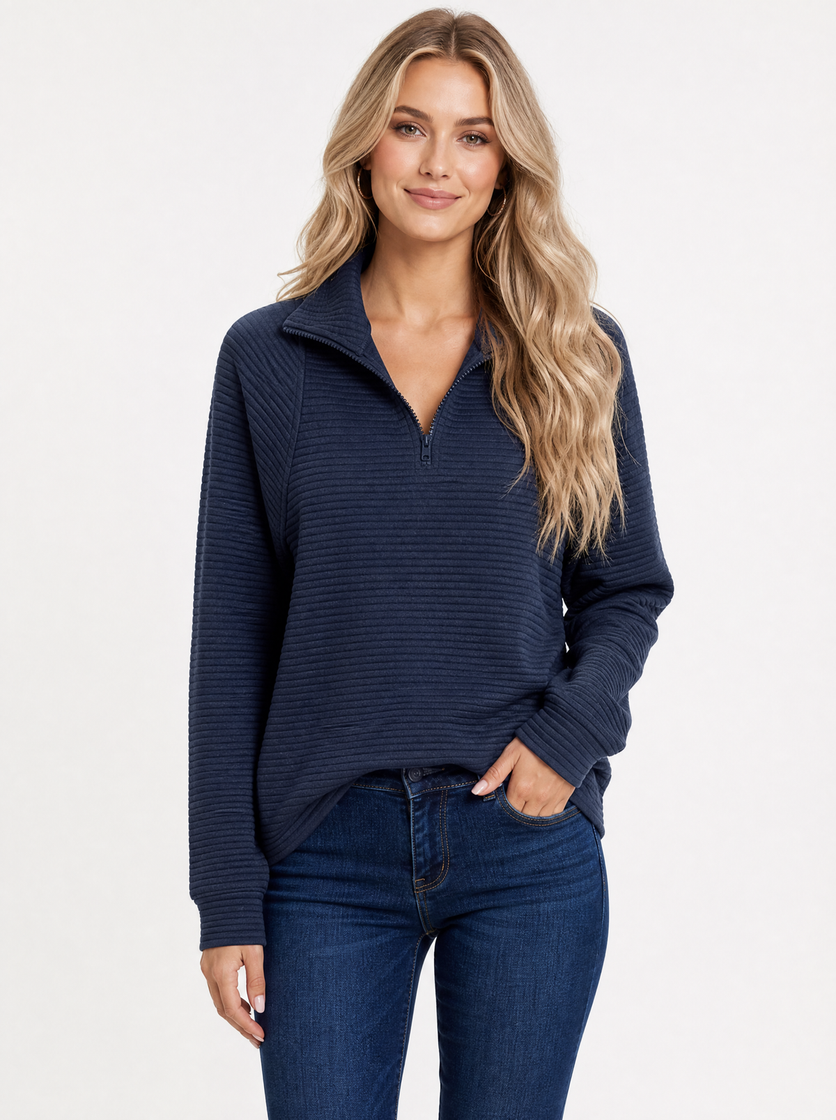 Women's Navy Blue ribbed quarter zip jumper, front view