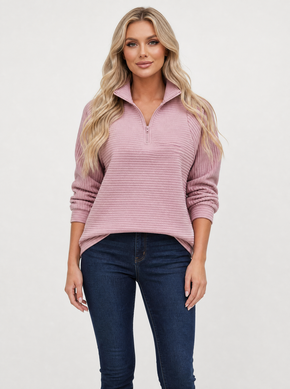 Women's Pink ribbed quarter zip jumper, front view
