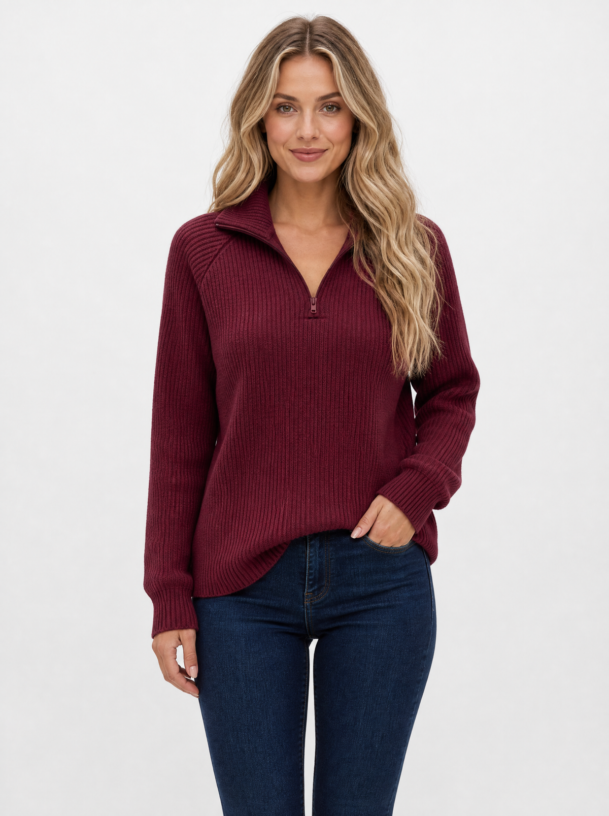 Women's Wine Red ribbed quarter zip jumper, front view