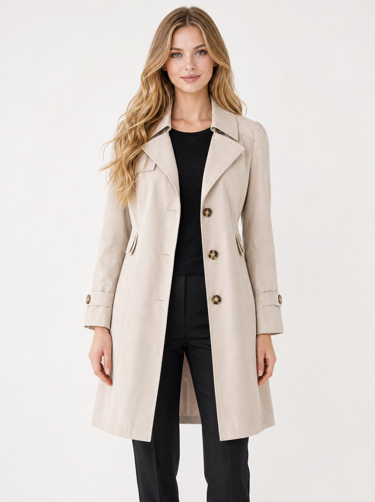 Women's Beige tailored mid-length trench coat, front view