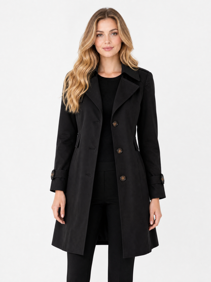 Women's Black tailored mid-length trench coat, front view