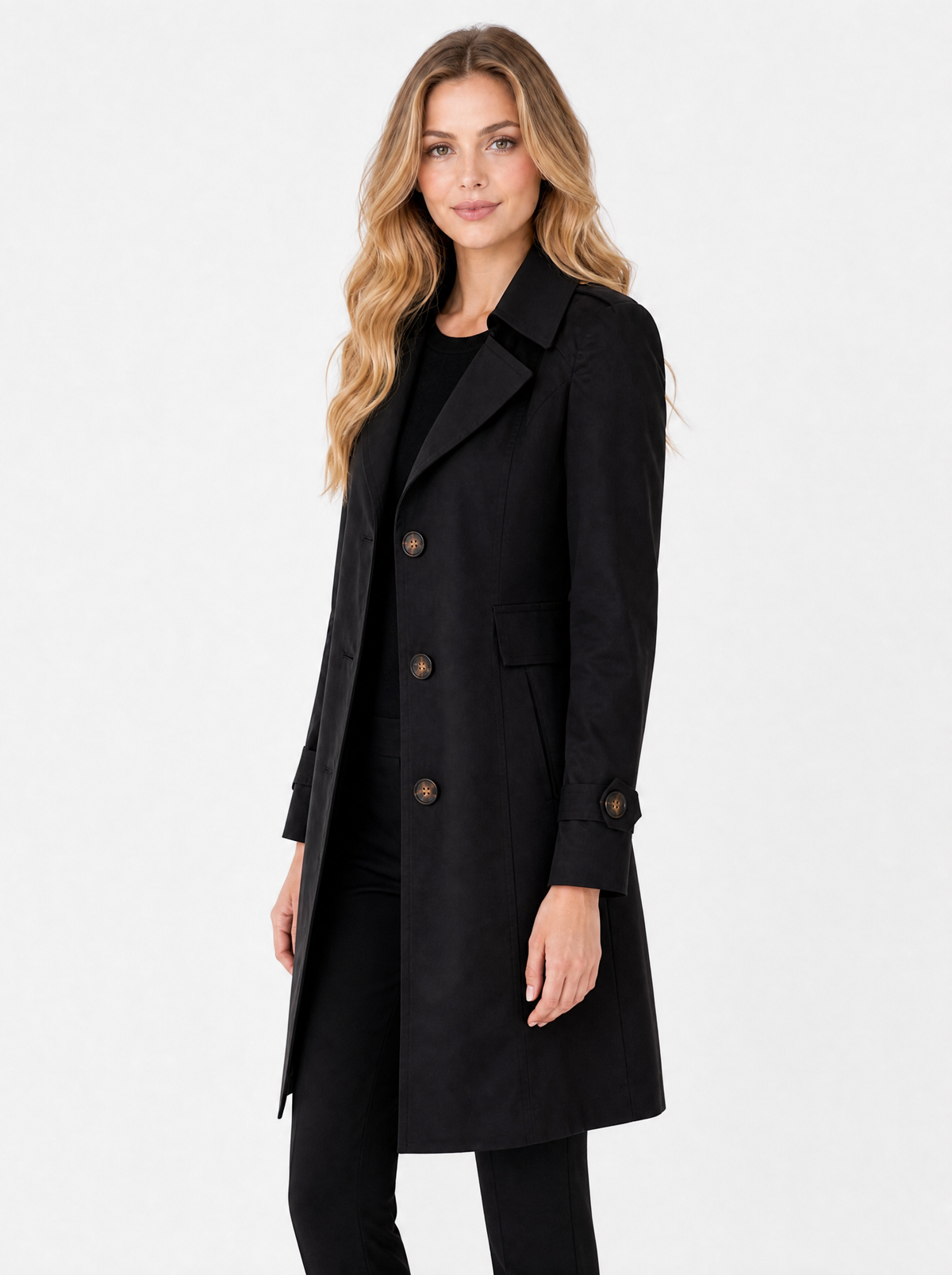 Women's Black tailored mid-length trench coat, side view