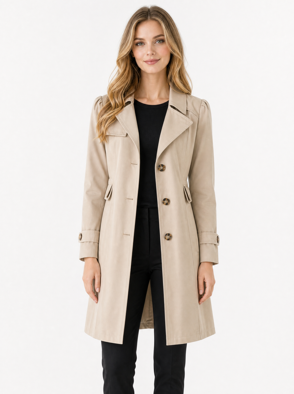 Women's Khaki tailored mid-length trench coat, front view