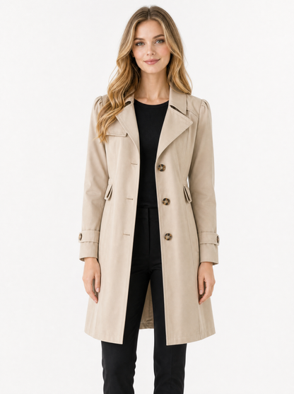 Women's Khaki tailored mid-length trench coat, front view