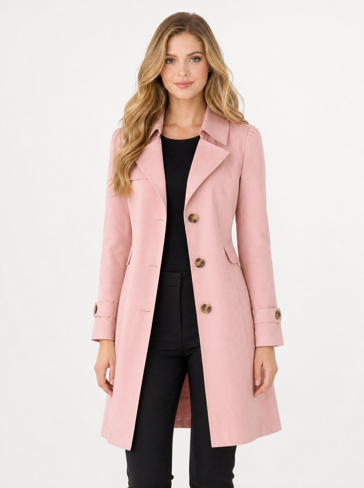 Women's Pink tailored mid-length trench coat, front view
