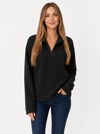Women's Black ribbed quarter zip jumper, front view