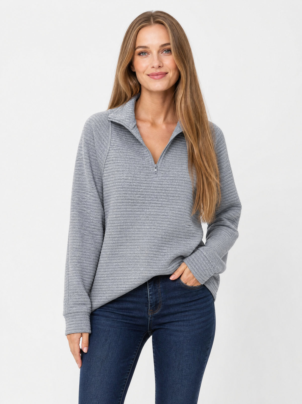 Women's Grey ribbed quarter zip jumper, front view