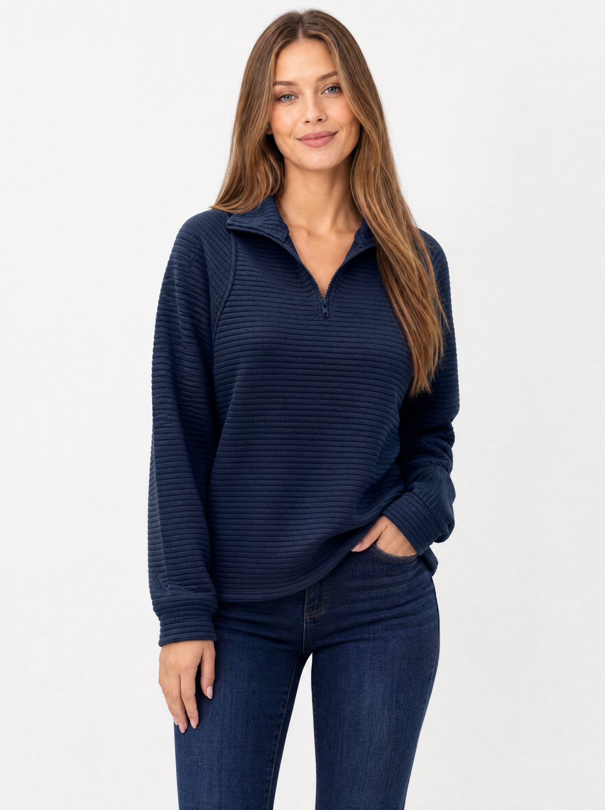 Women's Navy Blue ribbed quarter zip jumper, front view