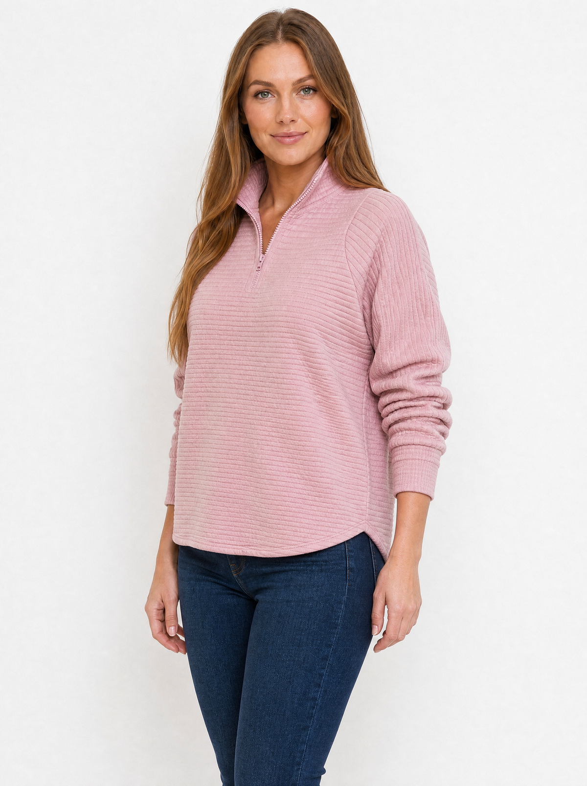 Women's Pink ribbed quarter zip jumper, side view