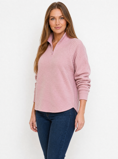 Women's Pink ribbed quarter zip jumper, side view