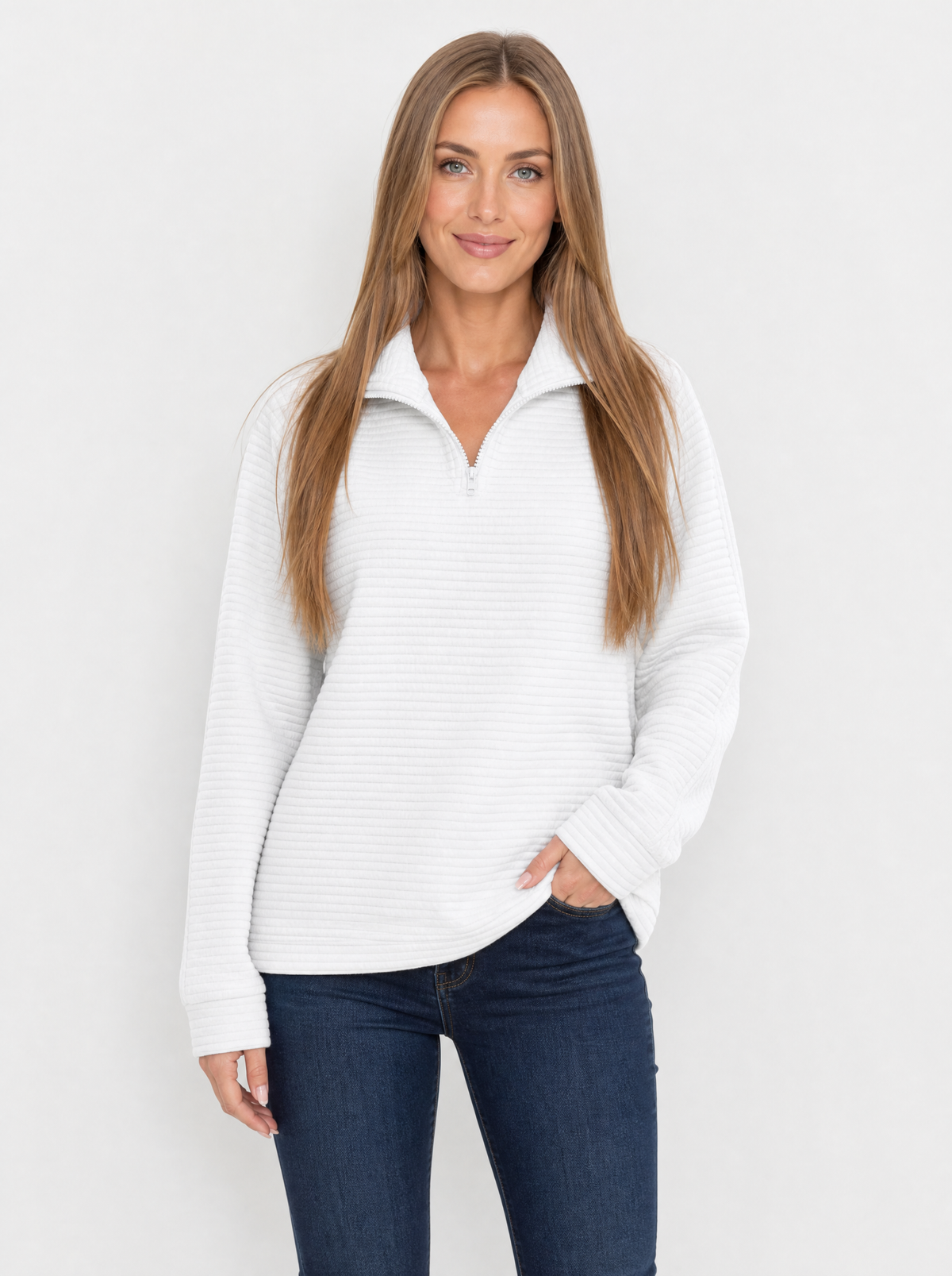 Women's White ribbed quarter zip jumper, front view