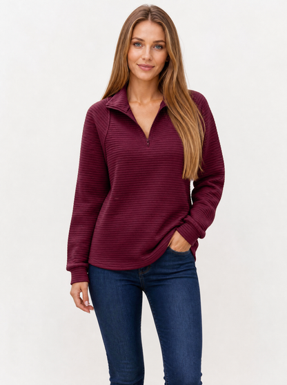 Women's Wine Red ribbed quarter zip jumper, front view