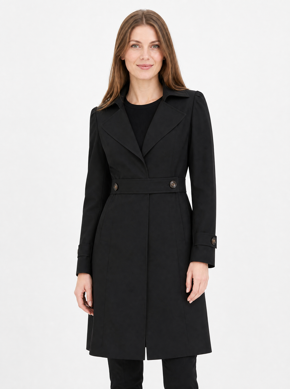 Women's Black tailored longline trench coat, front view