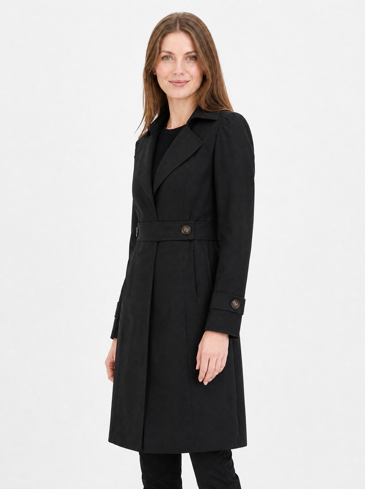 Women's Black tailored longline trench coat, side view