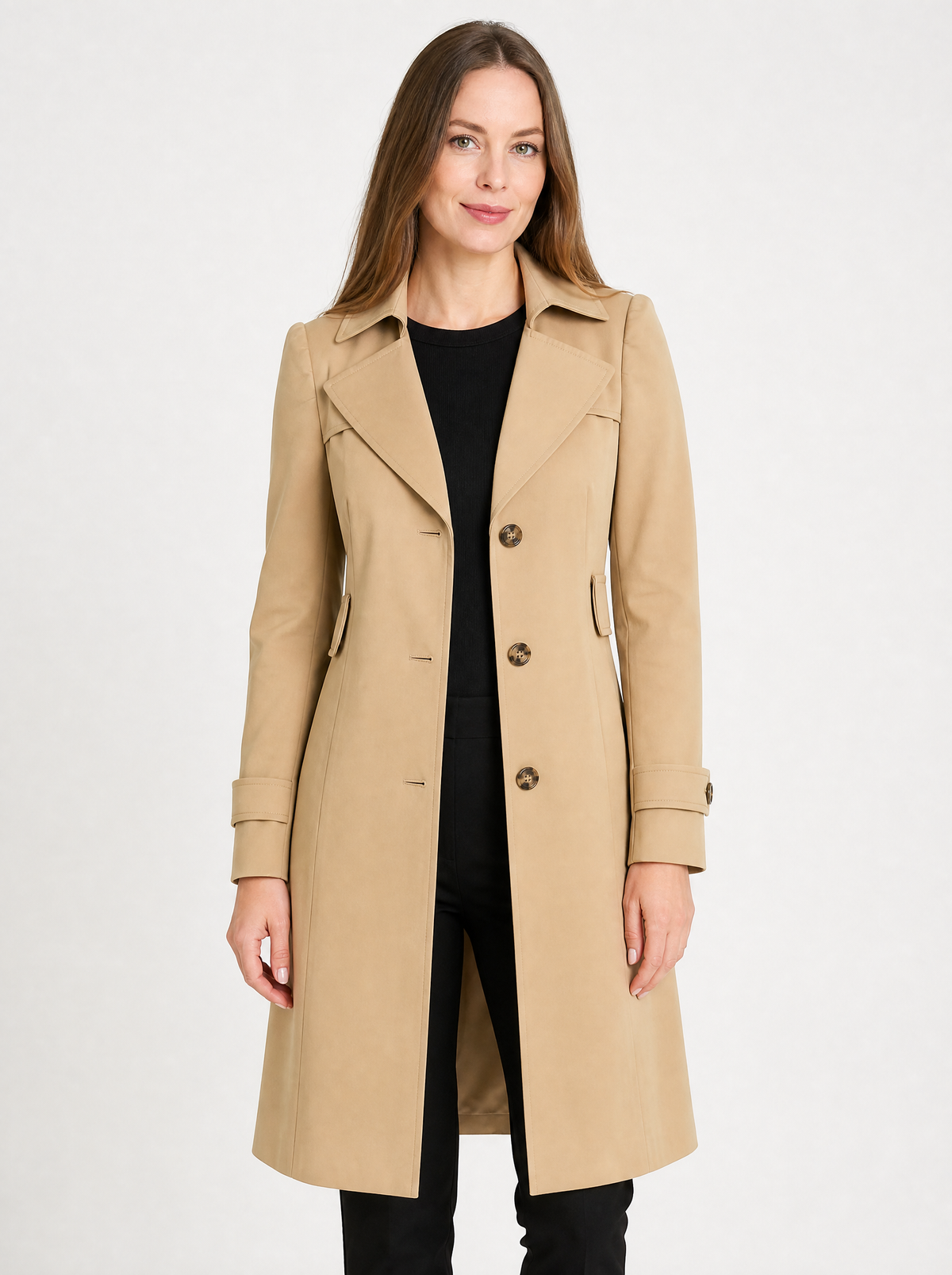Women's Khaki tailored longline trench coat, front view