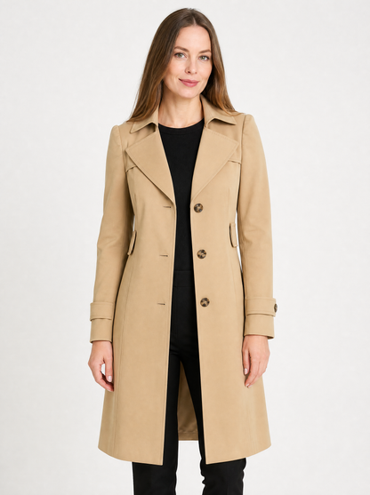Women's Khaki tailored longline trench coat, front view