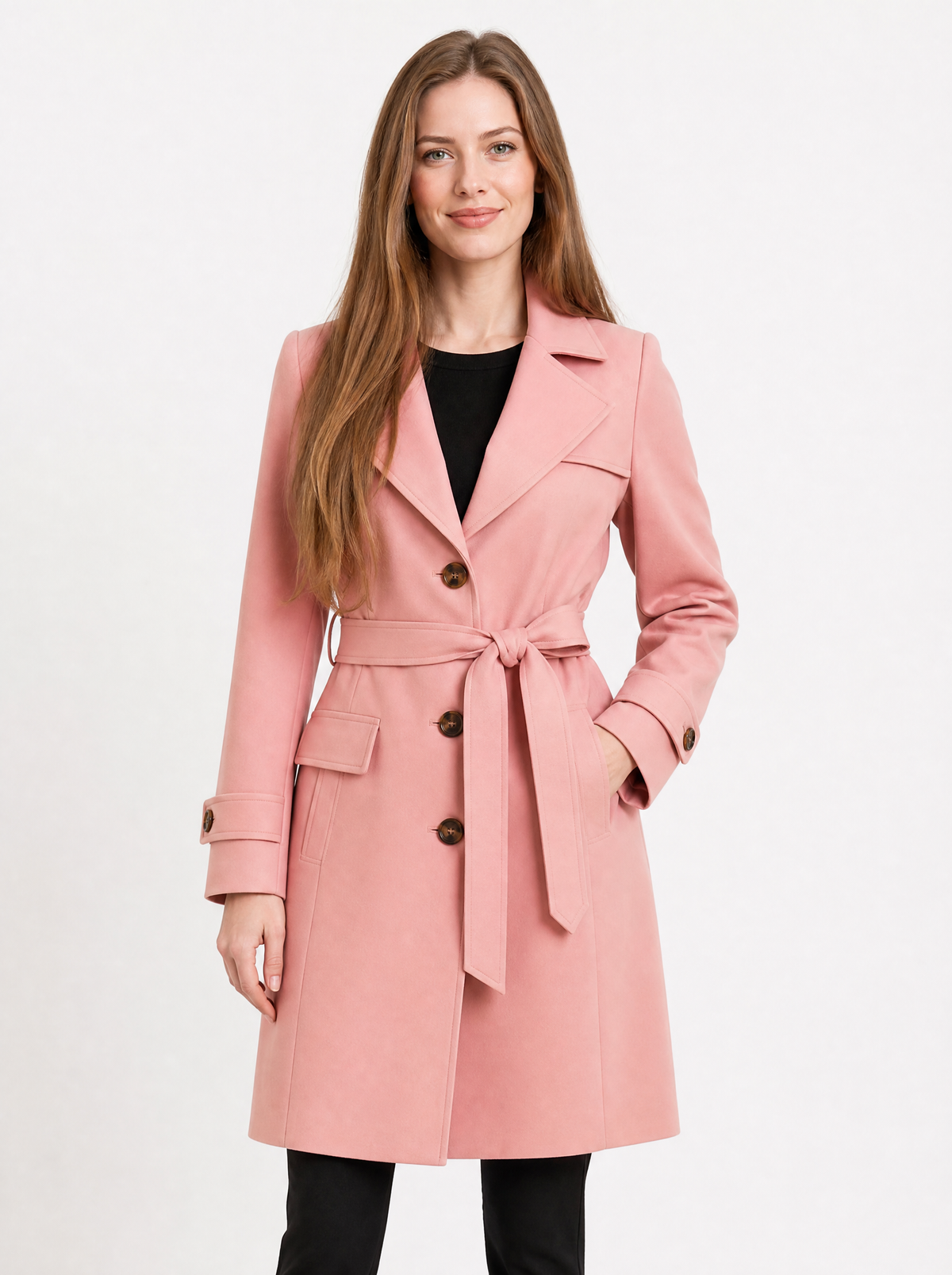 Women's Pink tailored longline trench coat, front view