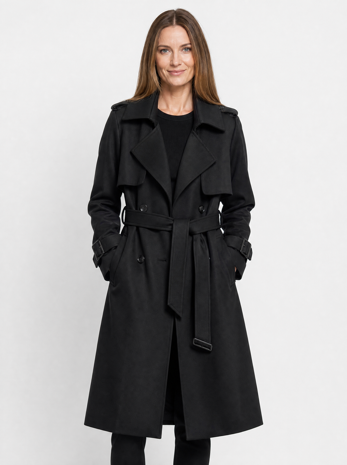 Women's Black/Grey long belted trench coat, front view