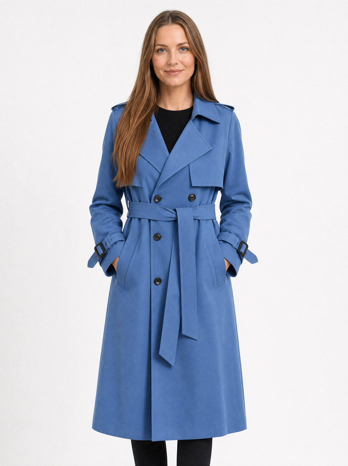 Women's Blue long belted trench coat, front view