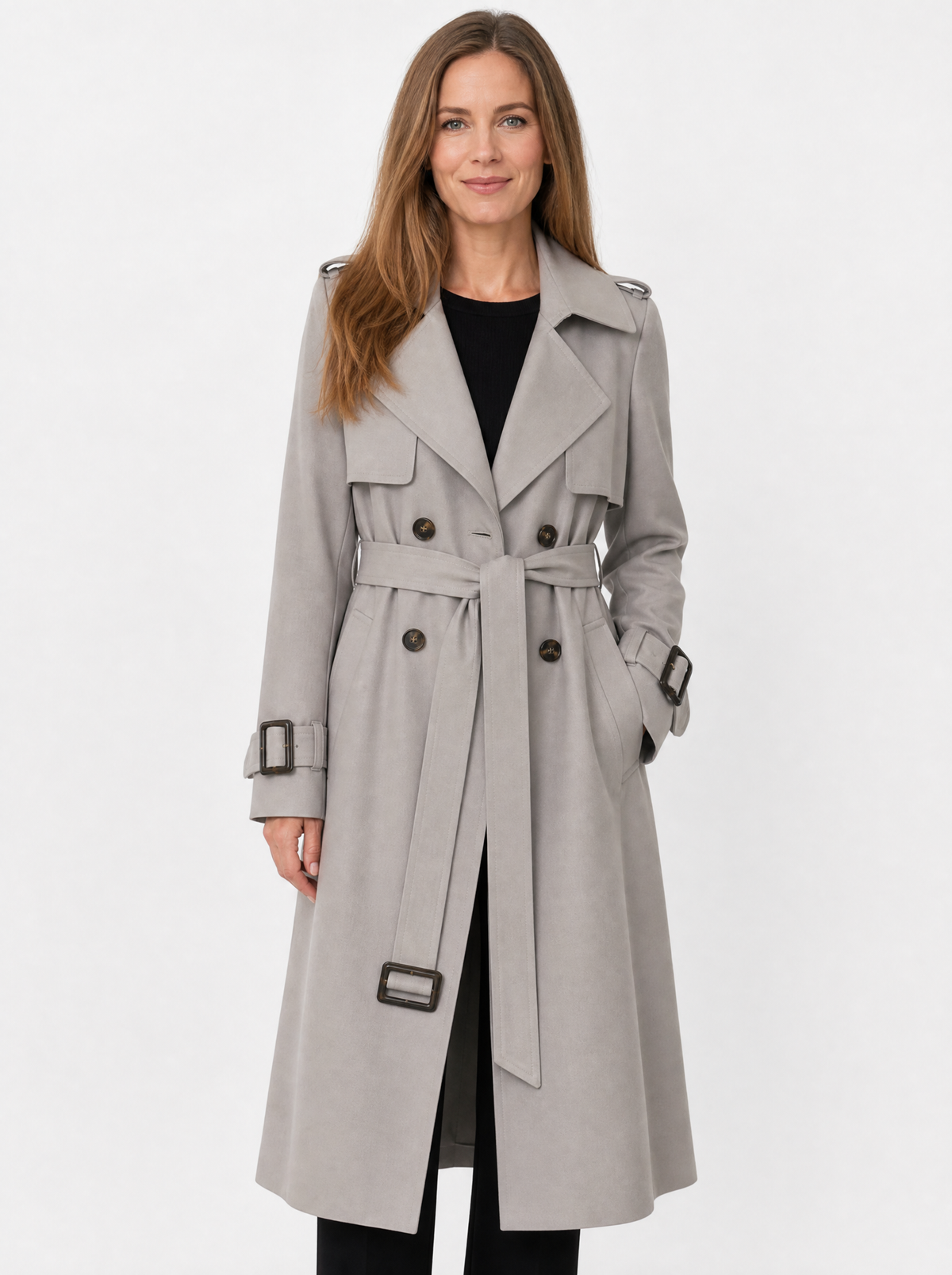 Women's Grey long belted trench coat, front view