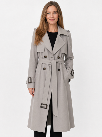 Women's Grey long belted trench coat, front view