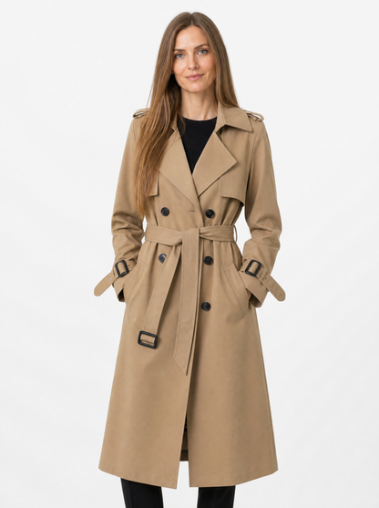 Women's Khaki long belted trench coat, front view