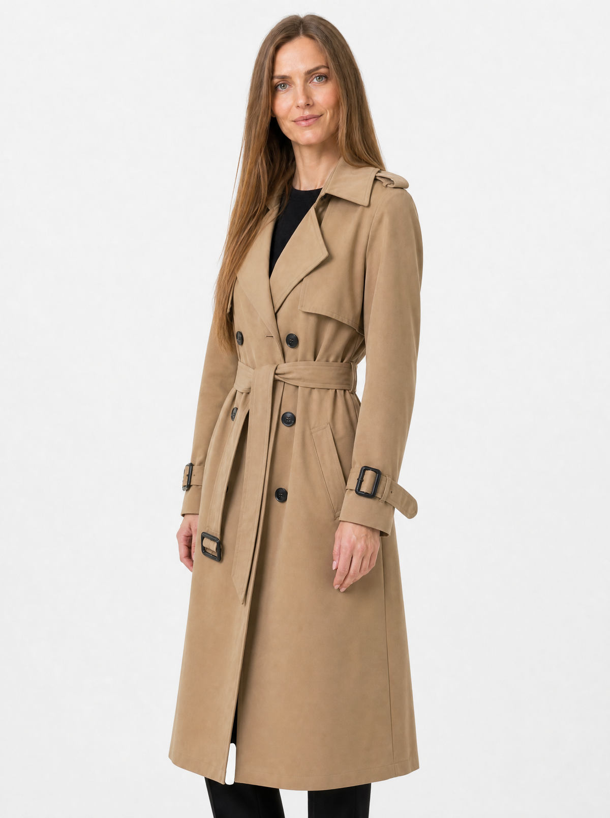 Women's Khaki long belted trench coat, side view