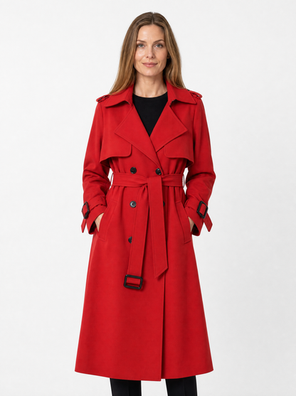 Women's Red long belted trench coat, front view