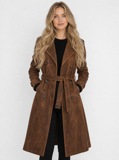 Women's Brown vintage longline trench coat, front view