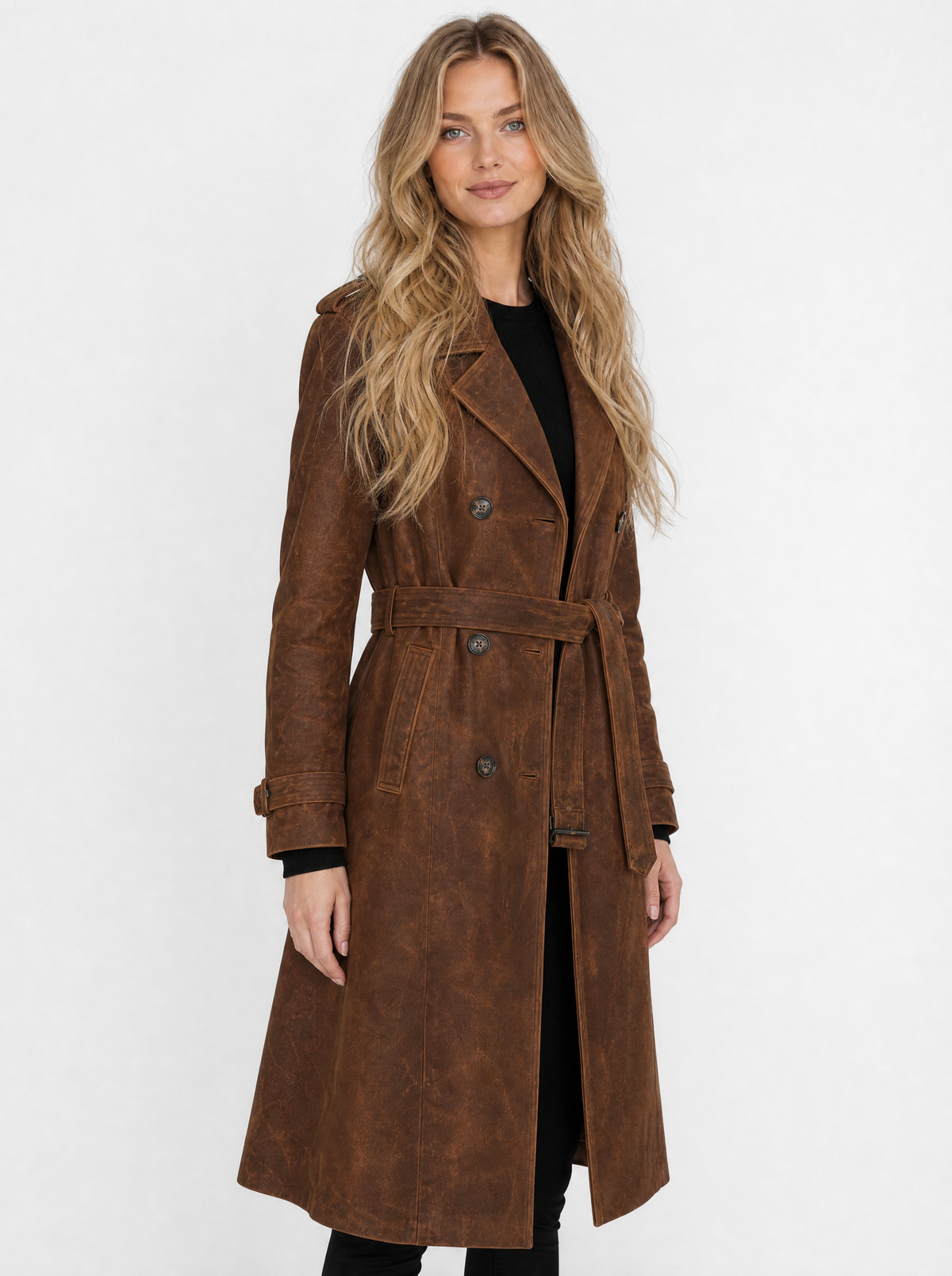 Women's Brown vintage longline trench coat, side view
