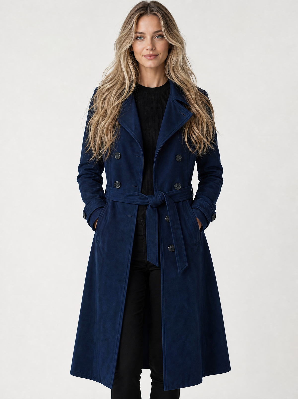 Women's Dark Blue vintage longline trench coat, front view