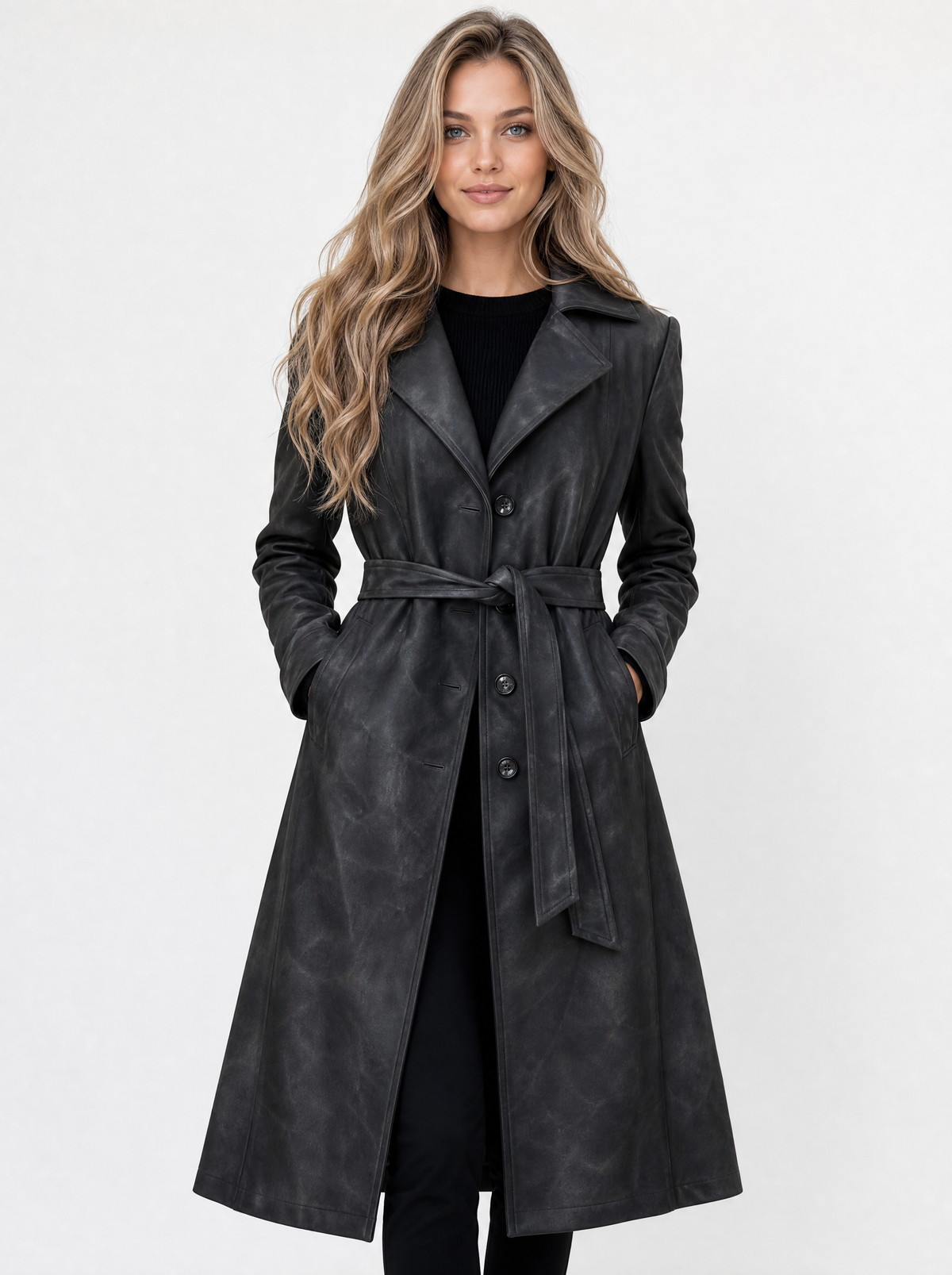 Women's Dark Grey vintage longline trench coat, front view