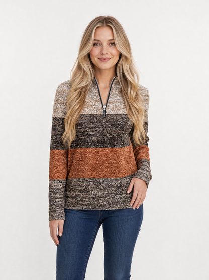 Women's Brown printed quarter zip jumper, front view