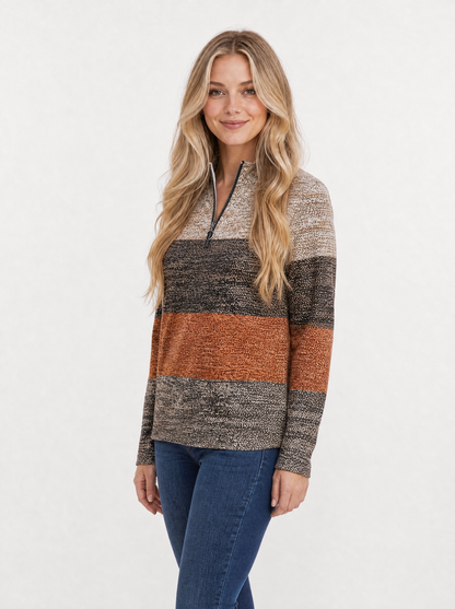 Women's Brown printed quarter zip jumper, side view
