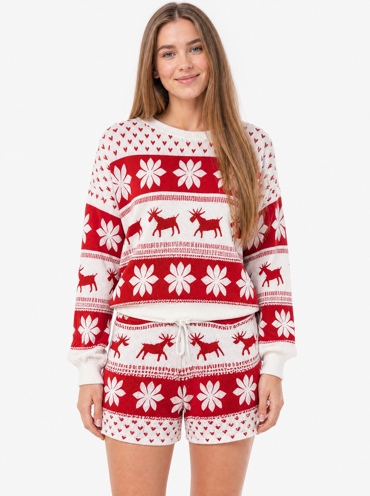 Women's Red and White snowflake christmas pyjama set, front view